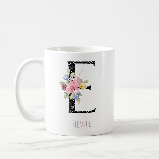 Floral E Monogram Name Black Polka Dot Coffee Mug (Gauche)