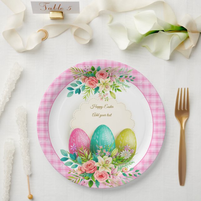 Floral Easter Eggs & Watercolor Pink Roses Pappteller (Hochzeit)