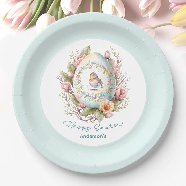 Floral Egg Blue Familienname Osterbrunch Pappteller (Floral Egg Blue Family Name Easter Brunch Paper Plates)