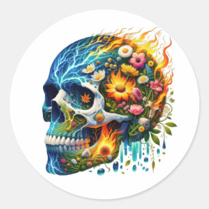 Floral Electric Inferno Skull Runder Aufkleber