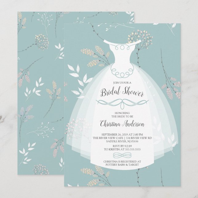 Floral Elegance Bride Gown Brautparty Einladung (Vorne/Hinten)