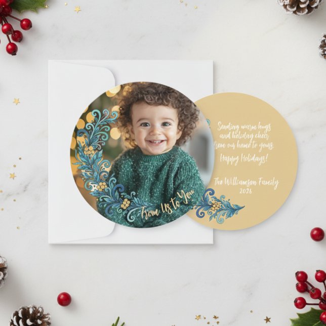 Floral Elegance Foto Weihnachten (Round Photo Christmas card)
