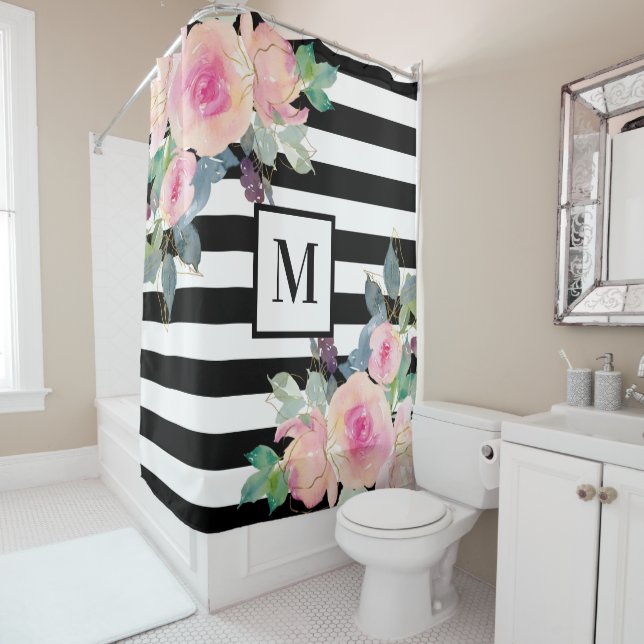 Floral Eleganstreifen Monogramm Pink Schwarz-weiß Duschvorhang (Beispiel)