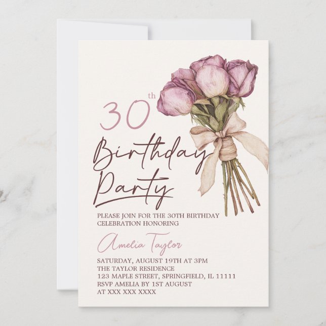 Floral Elegant 30. Geburtstag Einladung (Vorderseite)