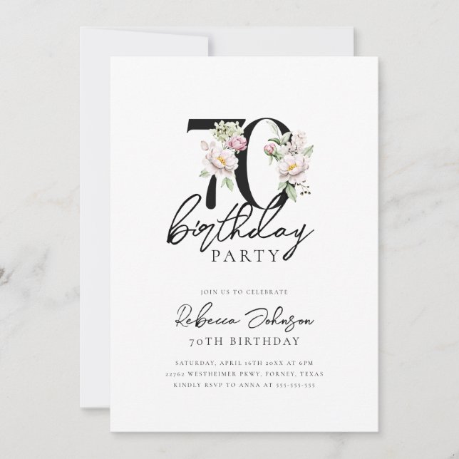 Floral Elegant 70. Geburtstag Einladung (Vorderseite)