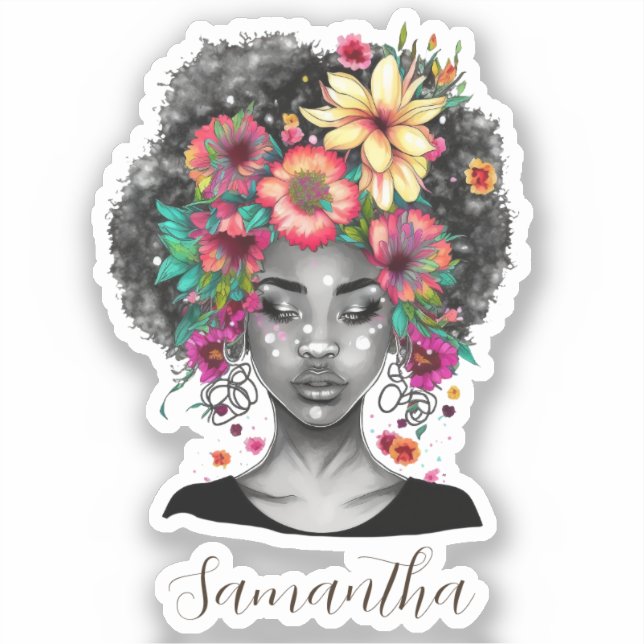 Floral Elegant Afro Frau Aufkleber (Vorderseite)