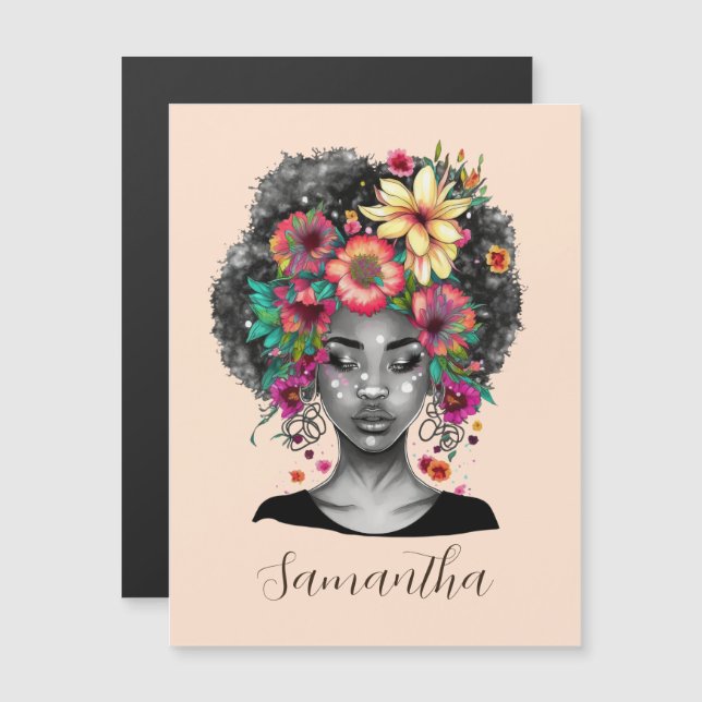 Floral Elegant Afro Frau Magnetkarte (Vorne/Hinten)