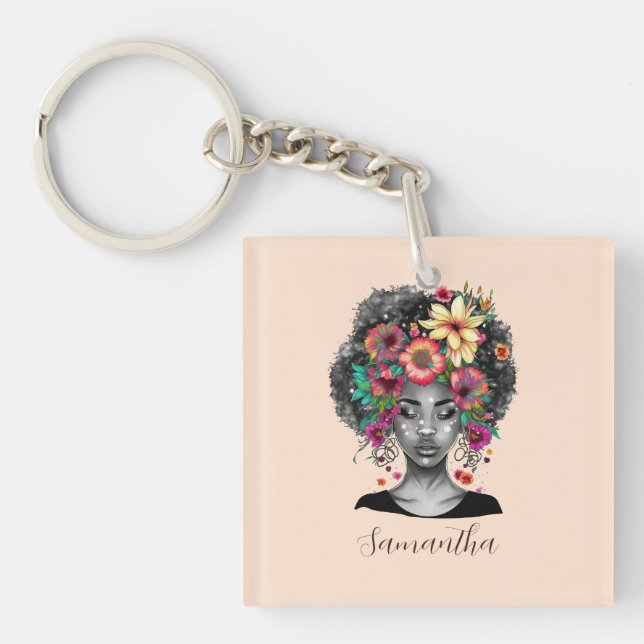 Floral Elegant Afro Frau Schlüsselanhänger (Vorderseite)