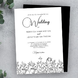 Floral Elegant Black White Wildflowers Wedding Einladung