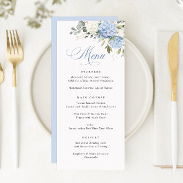 Floral Elegant Blue White Hydrangea Wedding Menu Menükarte