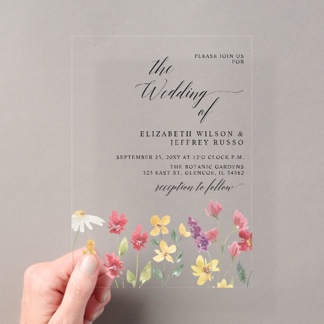 Floral Elegant Boho Summer Wildblumen Hochzeit Acryleinladungen (Insitu (Handheld))
