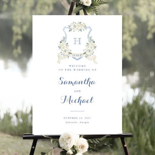 Floral Elegant Dusty Blue Crest Affiche de bienven