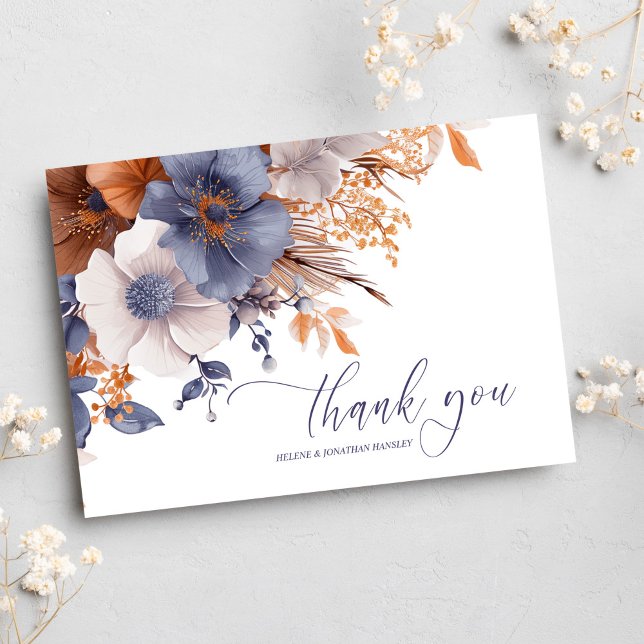 Floral Elegant Dusty Blue Rust Wedding Dankeskarte (Floral Elegant Dusty Blue Rust Wedding Thank You Card)