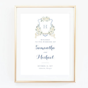 Floral Elegant Dusty Blue Wappen Begrüßungszeichen Poster