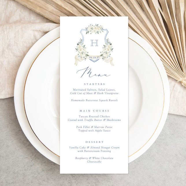 Floral Elegant Dusty Blue White Wedding Wappen Men Menükarte (Von Creator hochgeladen)