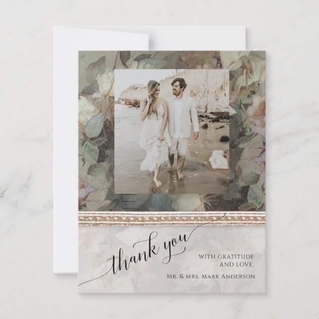 Floral Elegant Gold Gilded Classic Wedding Foto Dankeskarte (Vorderseite)