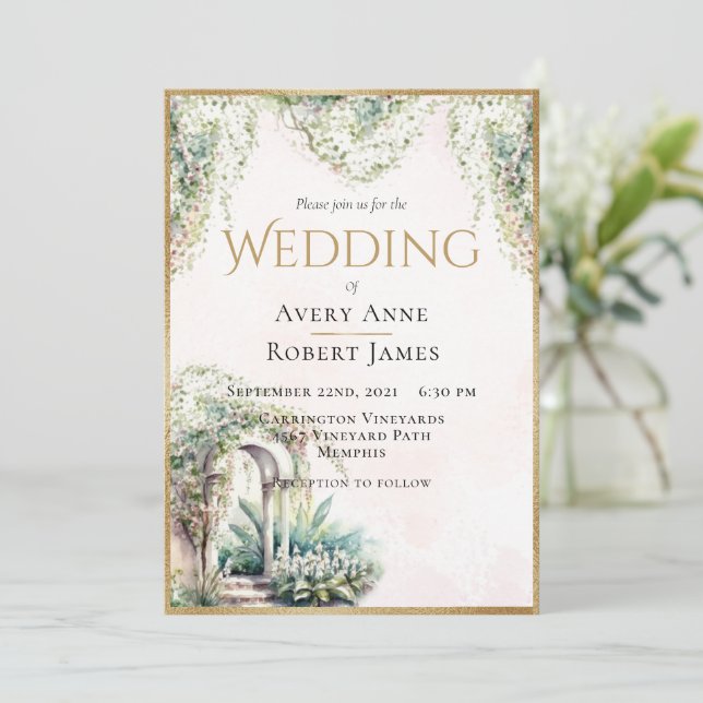 Floral Elegant Goldene Gartenanlage Hochzeit Einladung (Stehend Vorderseite)