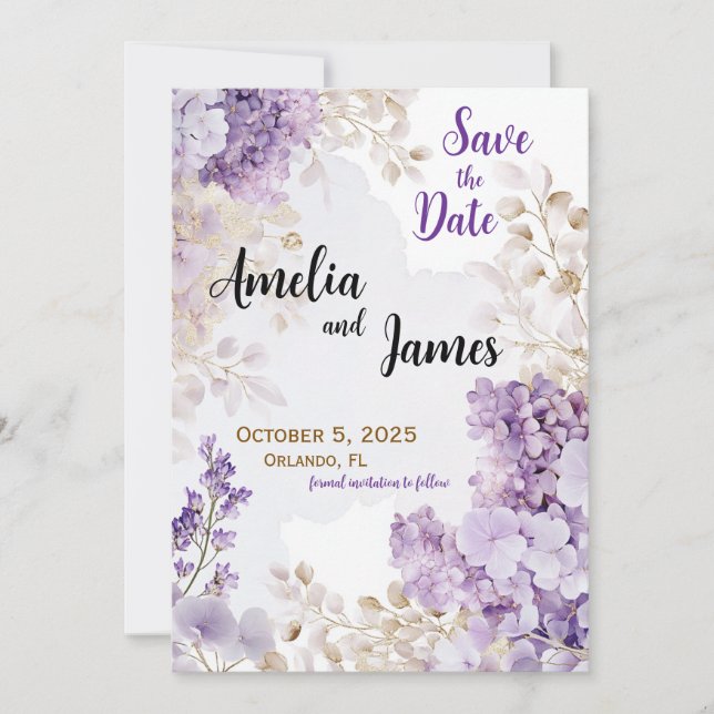 Floral Elegant Lavender Wedding Save the Date Einladung (Vorderseite)