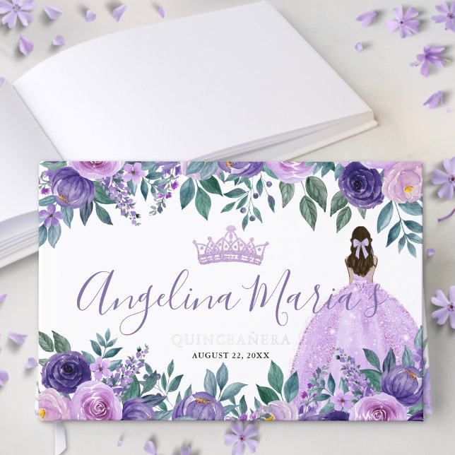 Floral Elegant Lila Quinceanera Gästebuch (Floral Elegant Purple Quinceanera Foil Guest Book)