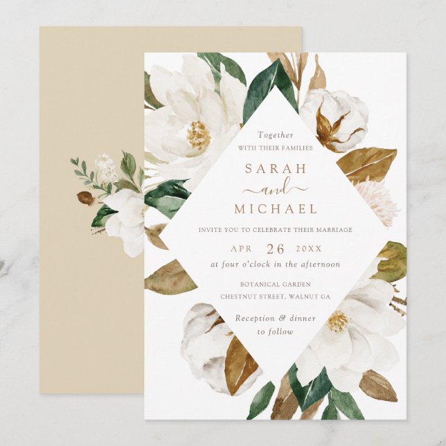 Floral Elegant Magnolia Beige neutrale Hochzeit Einladung (Vorne/Hinten)