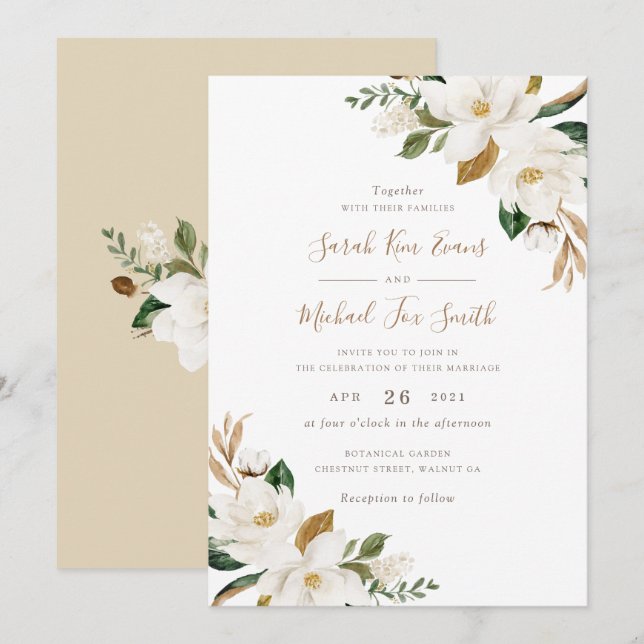 Floral Elegant Magnolia Beige neutrale Hochzeit Einladung (Vorne/Hinten)
