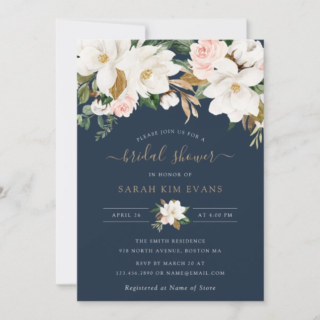 Floral Elegant Magnolia Blush Navy Brautparty Einladung (Vorderseite)