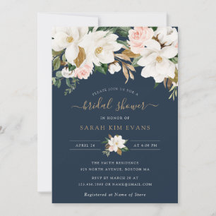 Floral Elegant Magnolia Blush Navy Brautparty Einladung
