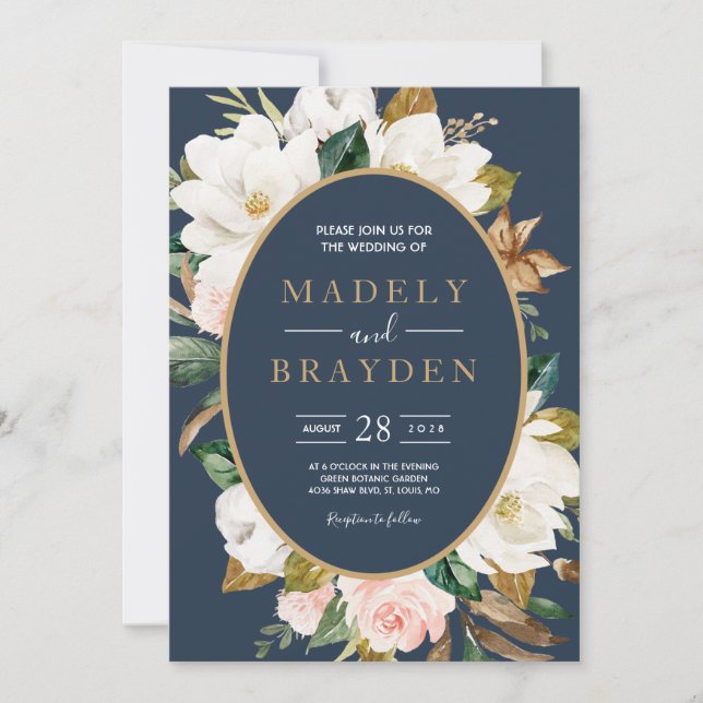 Floral Elegant Magnolia Blush Navy Neutral Einladung (Vorderseite)