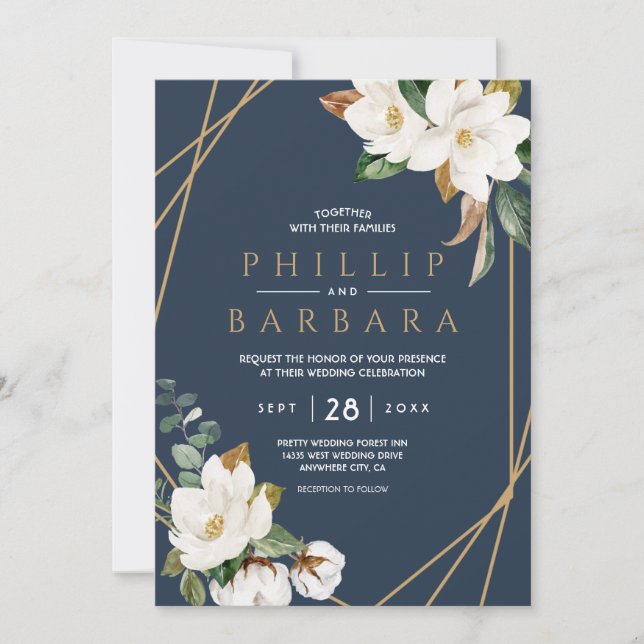 Floral Elegant Magnolia Blush Navy Neutral Einladung (Vorderseite)