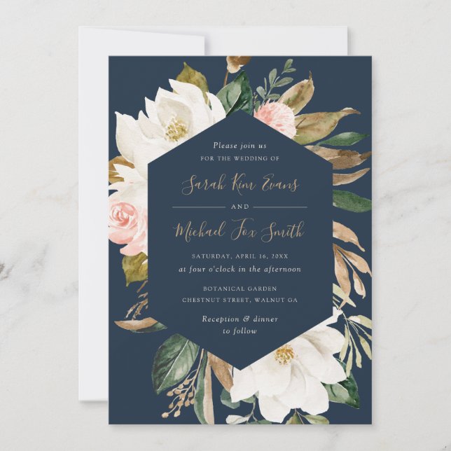 Floral Elegant Magnolia Blush Navy Neutrale Hochze Einladung (Vorderseite)