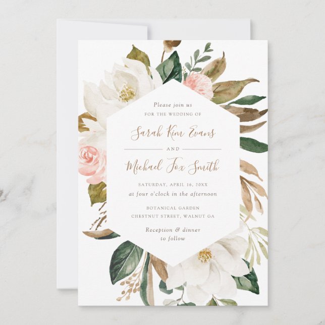 Floral Elegant Magnolia Blush Pink Neutrale Hochze Einladung (Vorderseite)