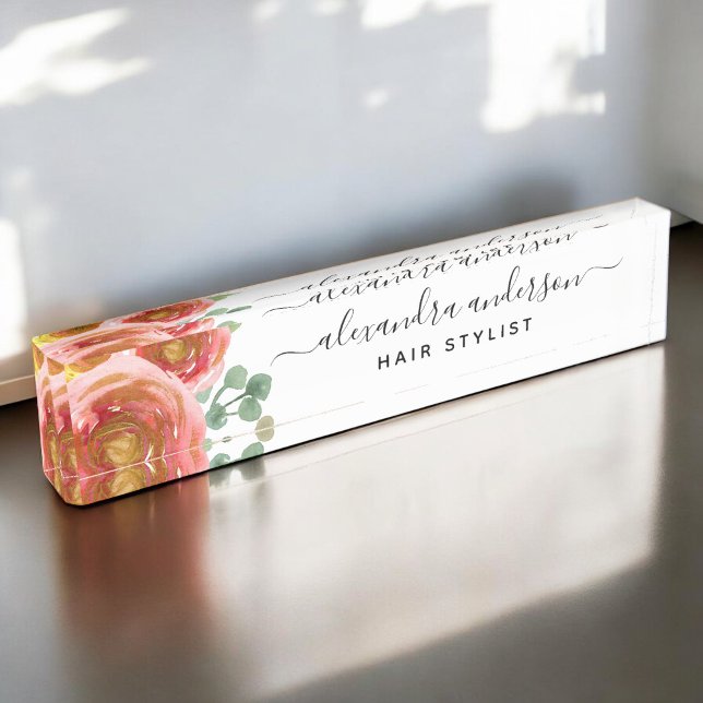 Floral Elegant Modernes Aquarell Pastell Rosa Namensplakette (Von Creator hochgeladen)