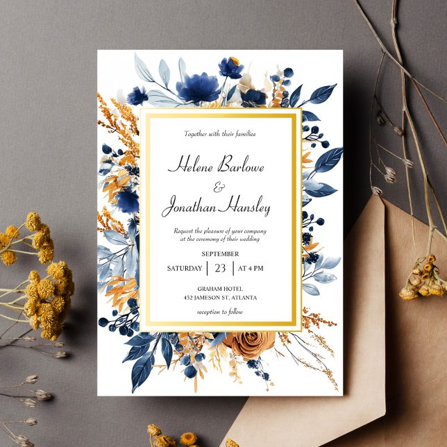 Floral Elegant Navy Blue Terracotta Hochzeit Einladung (Floral Elegant Navy Blue Terracotta Wedding Invitation)