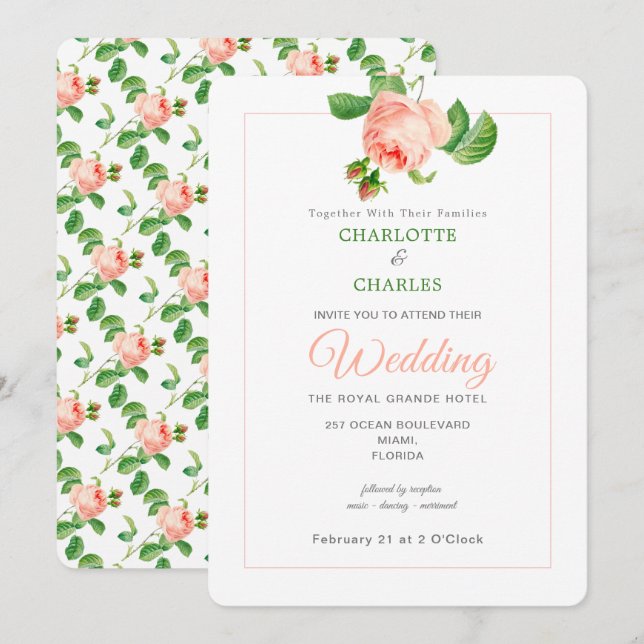 Floral Elegant Roses Vintage Hochzeit Einladung (Vorne/Hinten)