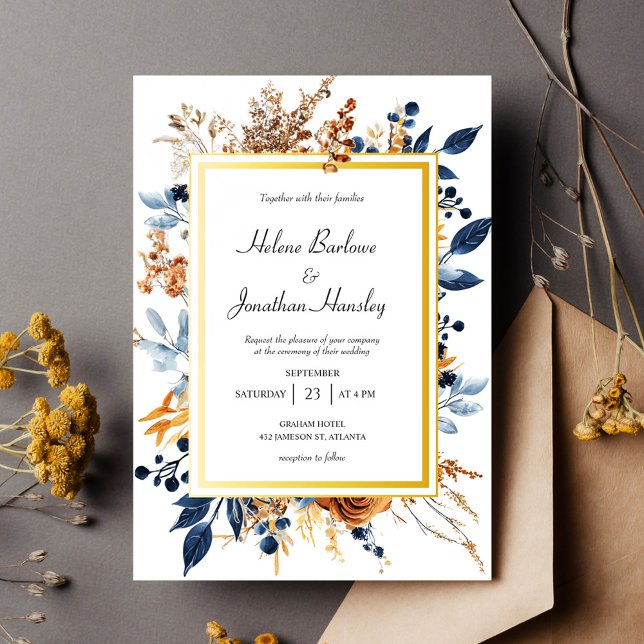 Floral Elegant Rustikale Seven Einladung (Floral Elegant Rustic Navy Blue Terracotta Wedding Invitation)