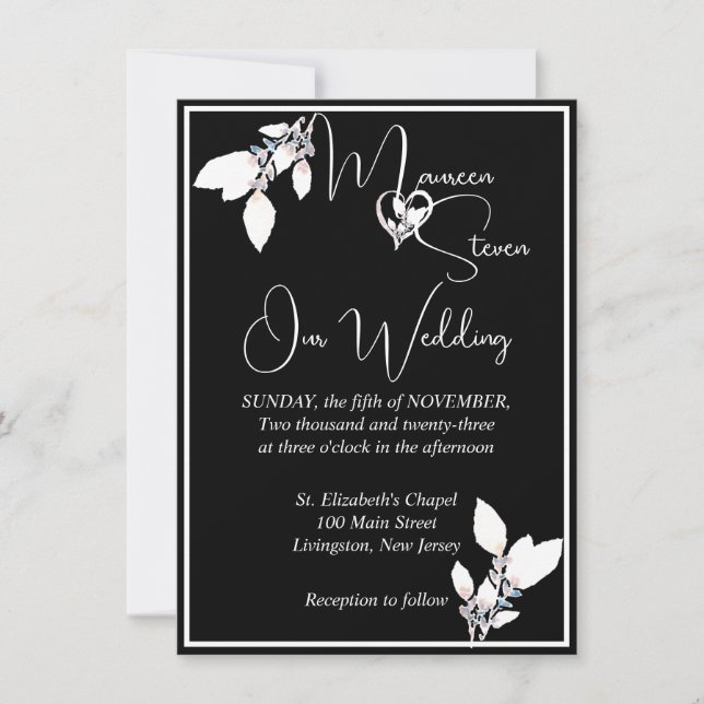 Floral Elegant Schwarz-Weiß-Hochzeit Einladung (Vorderseite)