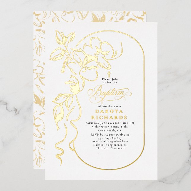 Floral Elegant Taufe Gold Folieneinladung (Vorderseite/Rückseite)