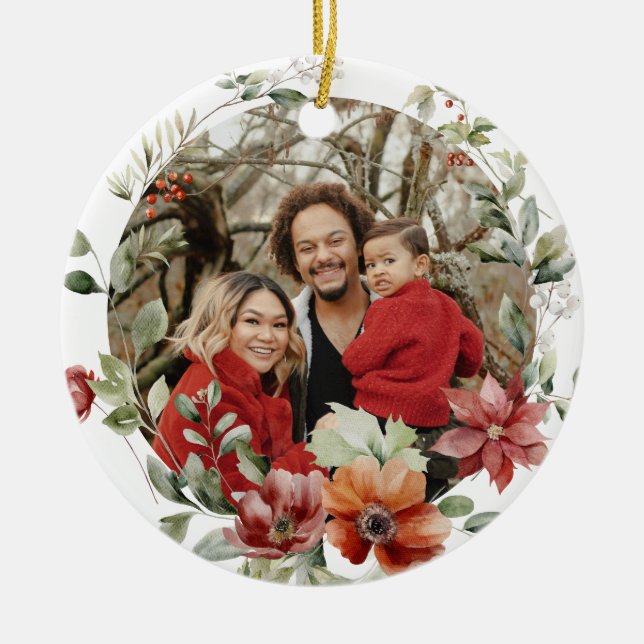 Floral Elegant Weihnachts-Foto Keramik Ornament (Vorne)