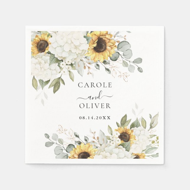 Floral Elegant White Hydrangea Sonnenblumen Hochze Serviette (Vorderseite)