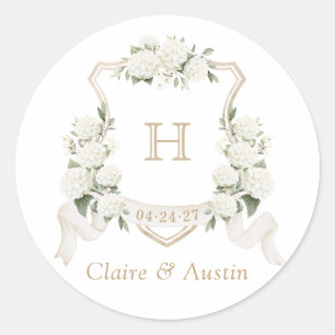 Floral Elegant White Hydrangea Wappen Umschlag Runder Aufkleber