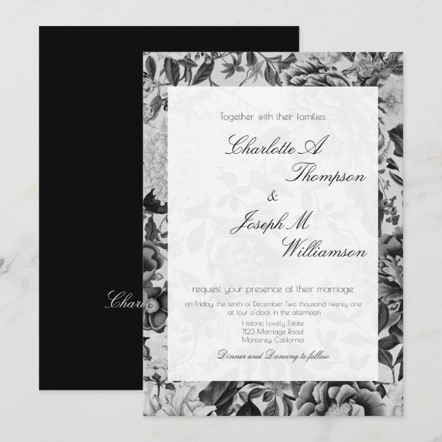 Floral Elegante Botanische Schwarz-weiße Hochzeit Einladung (Vorne/Hinten)
