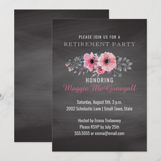 Floral Elegante Chalkboard Retirement Party Lehrer Einladung (Vorne/Hinten)