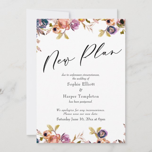 Floral Elegante Hochzeit verschoben Neue Plan Kart Einladung (Vorderseite)