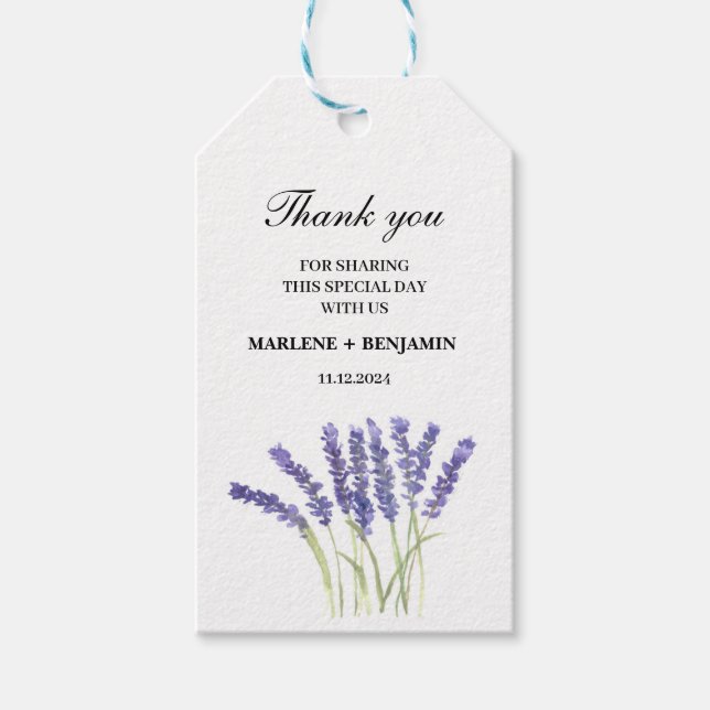Floral Elegante Lavendel Wasserfarben Blume Hochze Geschenkanhänger (Vorderseite)