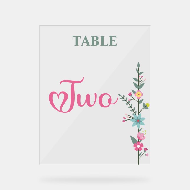 Floral Elegante Liebe Hochzeit Tischnummer 2 Acrylschild (Vorderseite)
