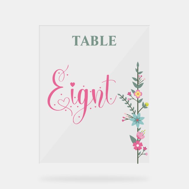 Floral Elegante Liebe Hochzeit Tischnummer 8 Acrylschild (Vorderseite)