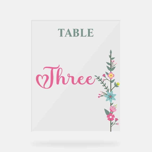 Floral Elegante Liebe Hochzeit Tischnummer DREI Acrylschild (Vorderseite)