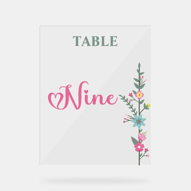 Floral Elegante Liebe Hochzeit Tischnummer NINE Acrylschild (Vorderseite)