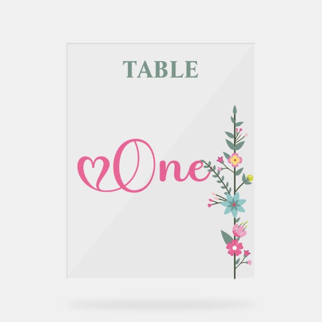 Floral Elegante Liebe Hochzeit Tischnummer ONE Acrylschild (Vorderseite)