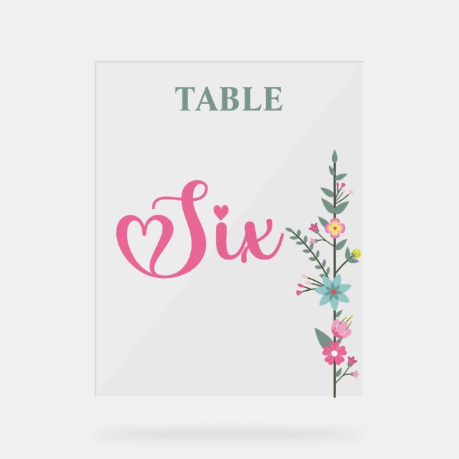 Floral Elegante Liebe Hochzeit Tischnummer SIX Acrylschild (Vorderseite)